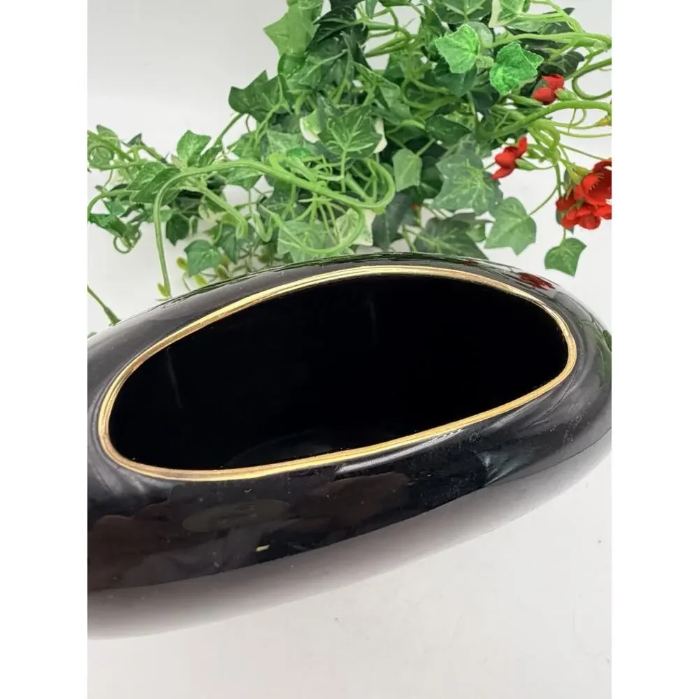 Vintage Otagiri Black Vase Crimson Red Rose Round Disc Shape Japan.